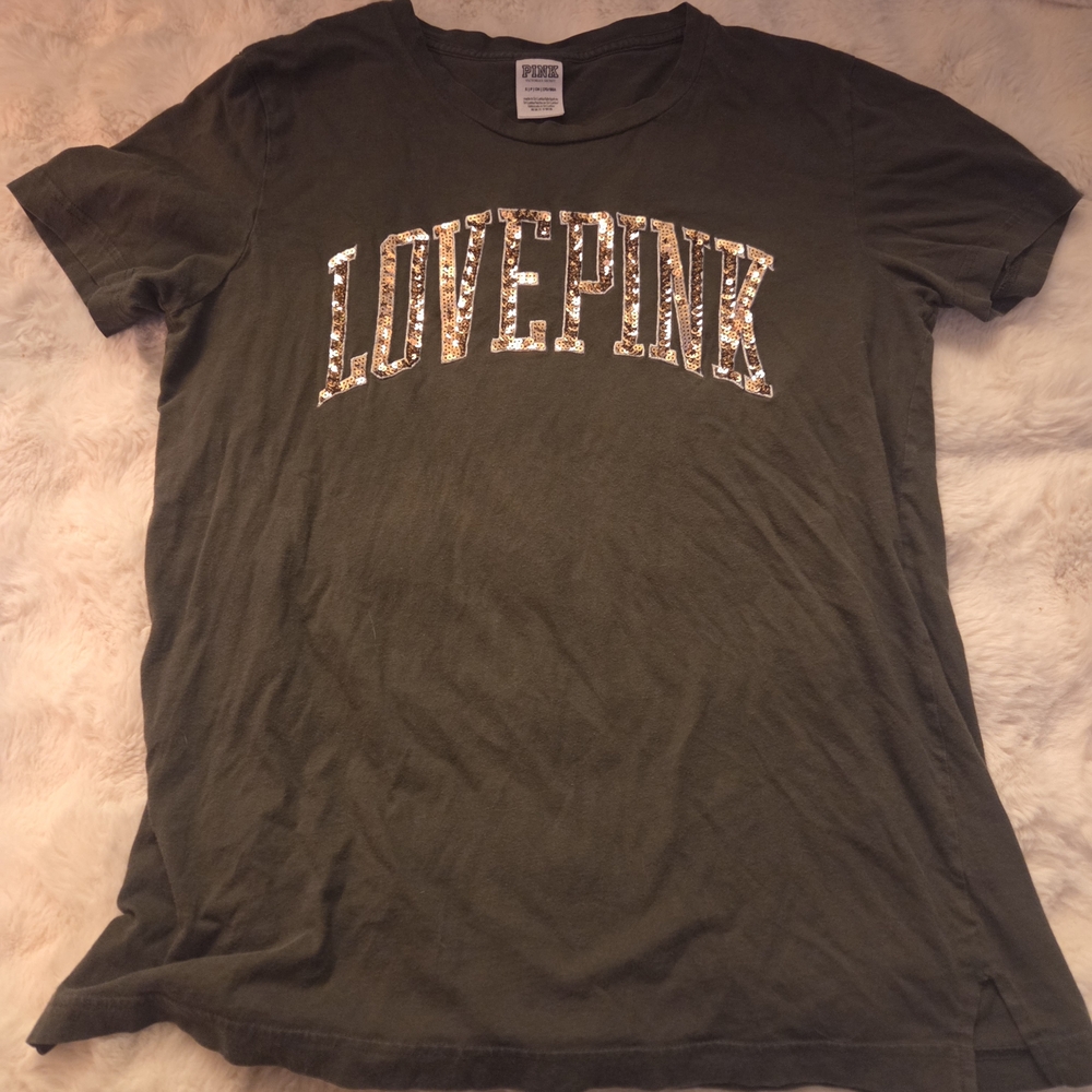 PINK Victoria's Secret Sequin Olive Tee